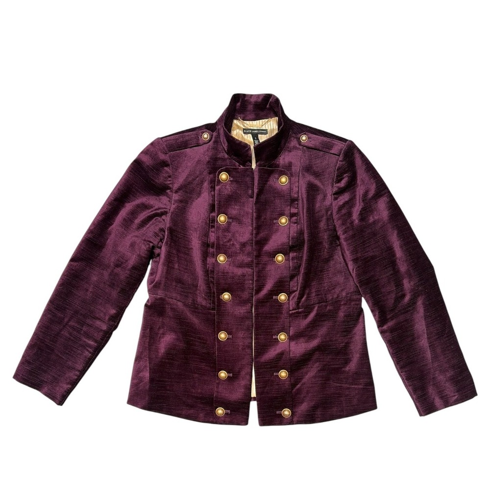 Black Label by Chico's Purple Velvet Military Blazer Gold Button Jacket Size M